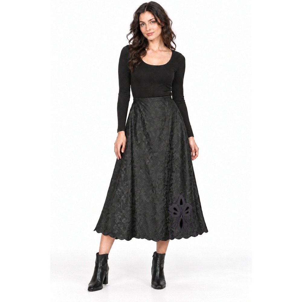 Black Floral Jacquard Midi Skirt Scallop Hem Applique Dark Romantic‎ Whimsigoth